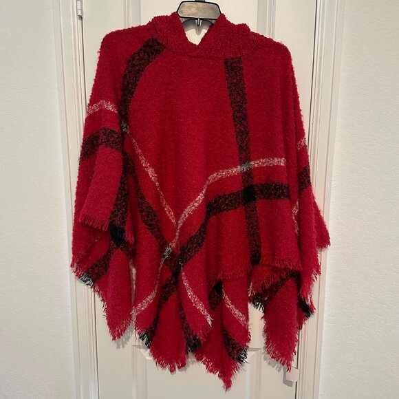 Red Plaid DFWH Shawl Wrap With Fringe Hem & Hood L Soft Women’s Poncho - Picture 1 of 8